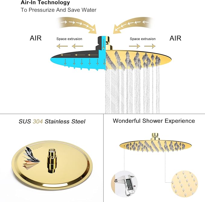 NearMoon Rain Shower Head, Ultra-Thin Design-Pressure Boosting, Awesome Some Experience, High Flow Stainless Steel Rainfall Head (8 Inch,Chrome Gold)