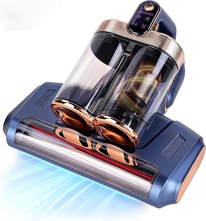 Mattress Vacuum Cordless with 16Kpa Suction & HEPA Dust Cups, 253.7nm UV-C Light & Ultrasonic, Low Noise Widened Suction Port Handheld Vacuum for Bed Pillows Couch Car Seat Rugs, Deep Blue