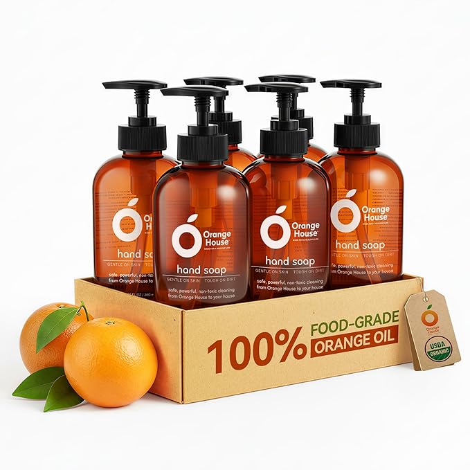 ORANGE HOUSE Natural Liquid Hand Soap, Food-Grade Orange Oil Moisturizing Hand Wash, Plant-Based & Hypoallergenic, Gentle for Sensitive Skin, Non-Toxic Citrus Scented Soap, 12 Fl Oz (6 Pack)