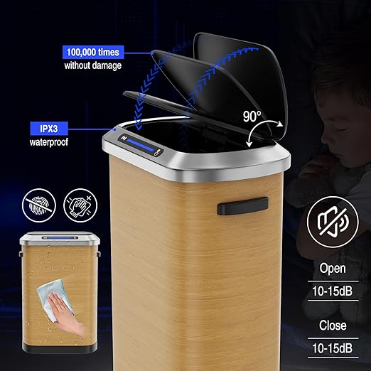 pouseayar Wood Color 13 Gallon 50L Smart Automatic Trash Cans, Stainless-Steel Thickened Body with Super Mute Sensor Lid and 30 Count Garbage Bags for Kitchen Office Bedroom Waste Bin and More