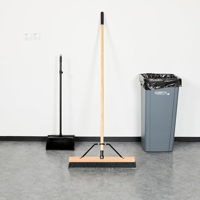 Restaurantware-Clean Tek Professional 24 Inch Push Broom, 1 Heavy-Duty Broom with 60” Handle - Medium Plastic Bristles, Durable, Wooden, Commercial Use, for Deck, Driveway, Garage, Yard, Patio