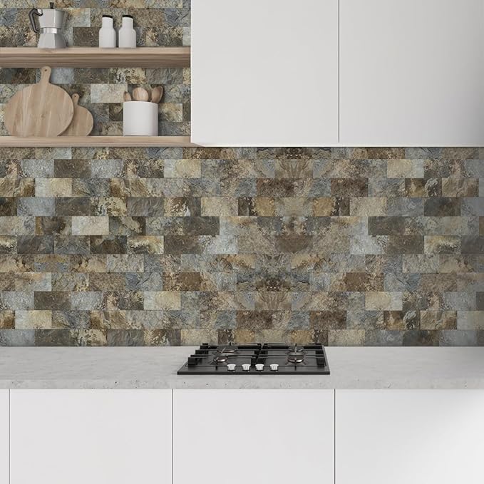AULIGET 4-Piece Beige & Brown Slate Peel and Stick Backsplash Wall Tiles, 3" x 6" PVC Faux Stone Stick on Tile for Backsplash Kitchen, Bathroom, Laundry Room, Camper, Fireplace