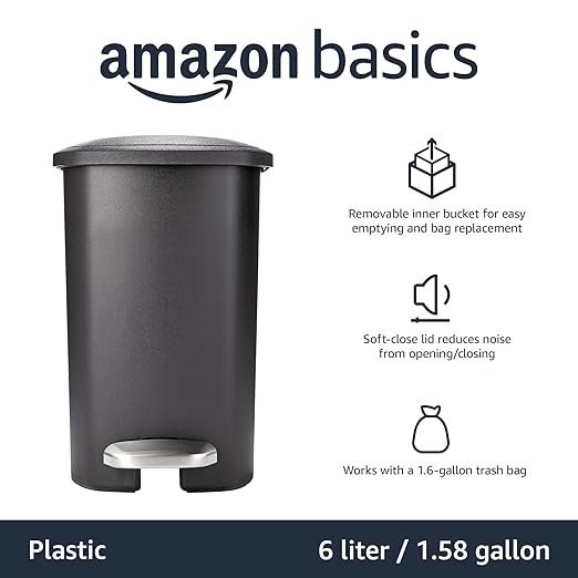 Amazon Basics Compact Plastic Bathroom Trash Can with Hands Free Foot Pedal, Quiet Close Step-On, 6 Liters, Black, Lid Included (Pack of 6)