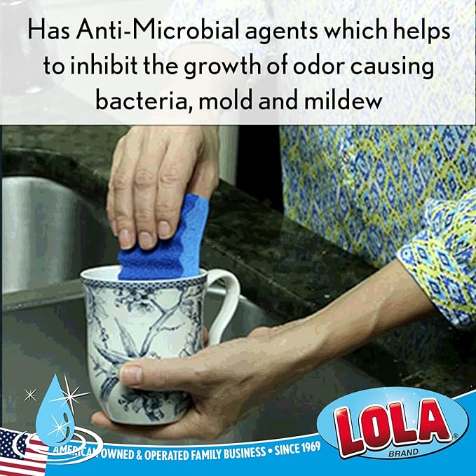 LOLA All Purpose Scrub Sponge, 12 Pack, Made in USA Scrub Sponge- Superior Technology, Non-Scratch, Long Lasting - Dishes, Mugs, Non-Stick Cookware