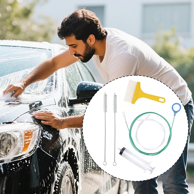 6pcs Car Auto Sunroof Drain Cleaning Tool Kit, Round Handle 5m/196.85in Long Soft Pipe Cleaner Brush Unclogger with Syringe & Hose for Car Wiper Sun Roof Trunk Drains Hole