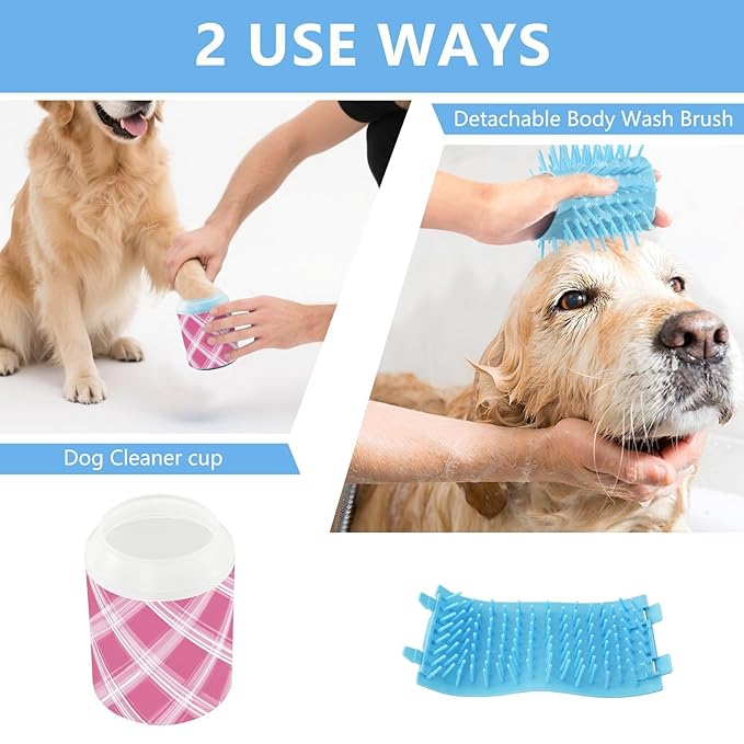 Dog Paw Cleaner Cups for Dogs Pet Foot Washer Paw Scrubber for Small Medium Large Dogs Cats Cleaning Cup Pink White Checkered Pattern