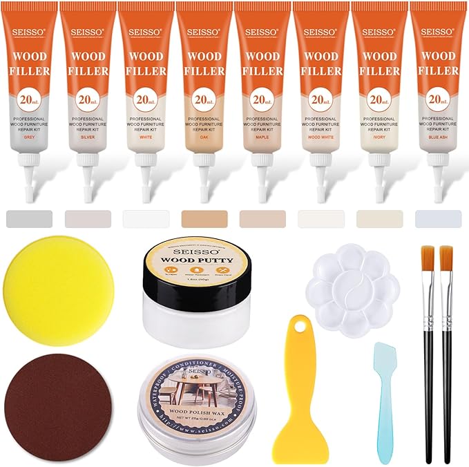 SEISSO Wood Repir Kit, 8 Colors Touch up Fillers, Wood Putty with Wood Polish Wax - Restore Stains, Scratch, Cracks, Hole, Hardwood Furniture Repair Kit for Cabinet, Floor, Door, Table