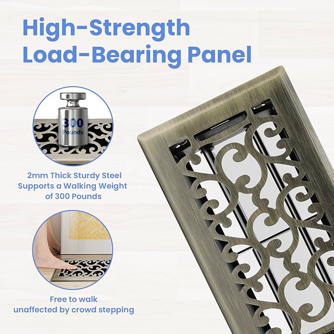 4x8 Inches Heavy Duty Walkable Floor Register - Easy Adjust Air Supply Lever Decorative Floor Vent Covers, Savannah Design Vent Covers for Home - Antique Brass
