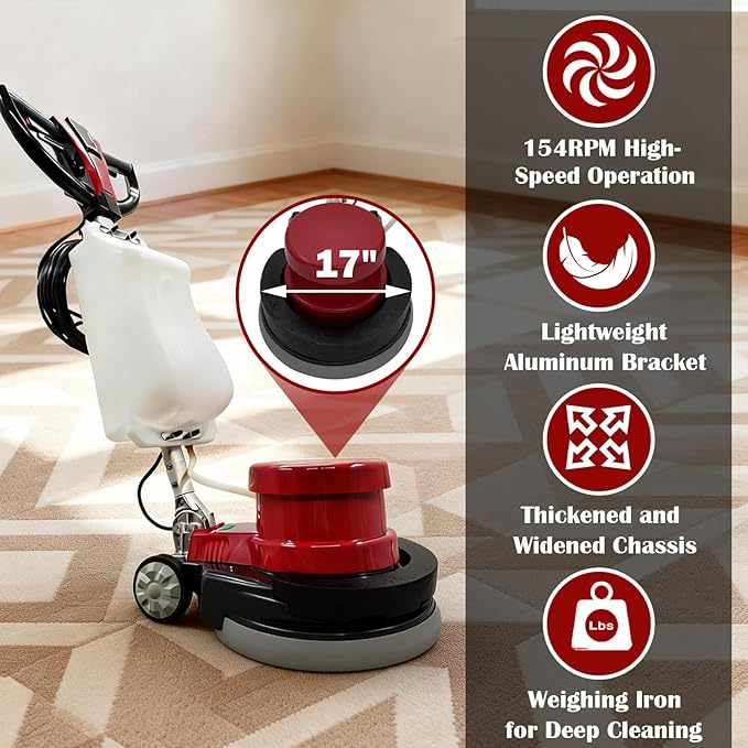 TECHTONGDA 17" Commercial Floor Scrubber Buffer Heavy Duty Floor Grinder Polisher Machine Carpet Cleaning Machine with 3.17Gal Tank & 3 Brushes, Clean/Grind/Polish/Wax 110V