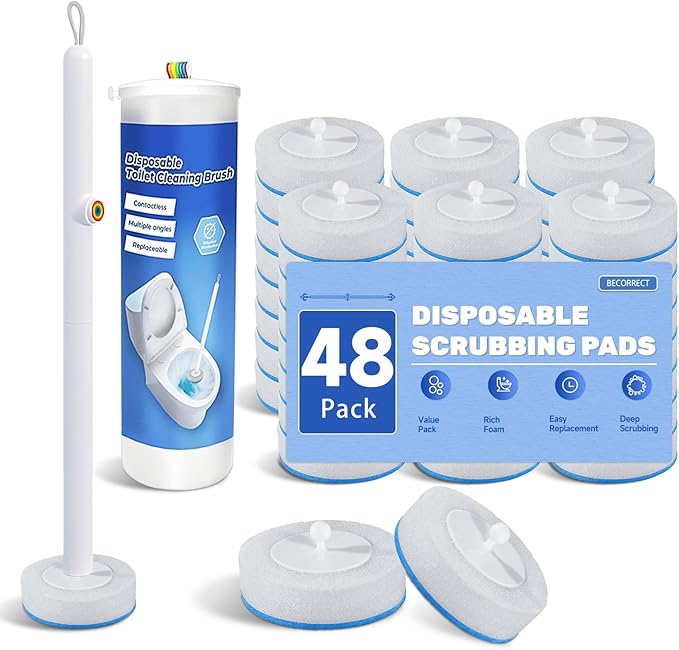 Disposable Toilet Brush Set with 48 Refills for Hygienic Bathroom Cleaning. Toilet Bowl Cleaner Wand Kit Used for Deep Cleaning in Home & Apartment
