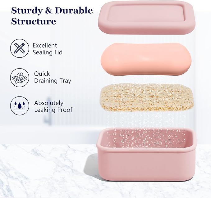 Leak Proof Silicone Travel Soap Case with Draining Tray - Bar Soap Holder for Travel, Gym & Camping - Mess-Free Portable Soap Container for Carry-on Bags (Light Pink)