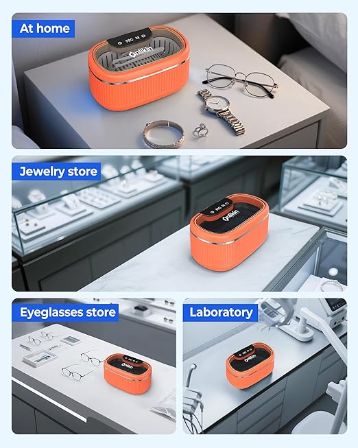35W Ultrasonic Jewelry Cleaner, 45KHz Retainer Cleaner for Jewelry, 5 Timer & 3 Power Modes, Eyeglasses, Rings, Watch Strap, Dentures - 20oz, 304 Stainless Steel Tank, Quiet <38dB (Orange)