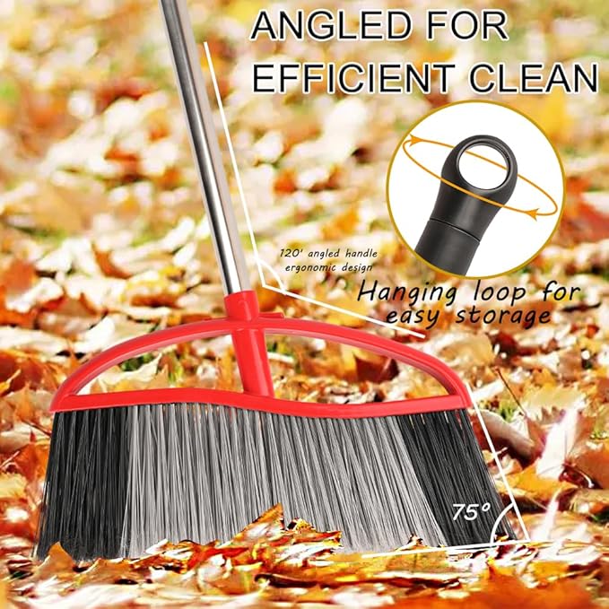 Heavy Duty Outdooor Broom - 15.7" Wide Broom with Wide Angle Design, Long Handle & Powerful Stiff Bristles for Patio, Garden, Garage, Yard (Red)