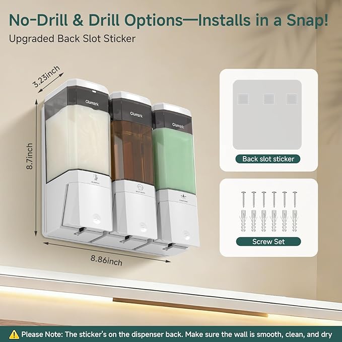 Shampoo and Conditioner Dispenser 3 Chamber No Drill Shower Soap Dispenser Wall Mounted Shampoo Conditioner Body Wash Refillable Bathroom Shower Dispenser (White+Smoke Gray 3 Chamber)