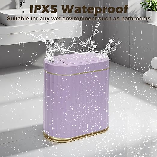 Bathroom Trash Can with Butterfly Lid 2 Gallon Sensor Trash can, IPX5 Waterproof Garbage Can Bathroom Decor, Automatic Trash Bin, Under-Counter Wastebasket for Bedroom, Living Room, Purple