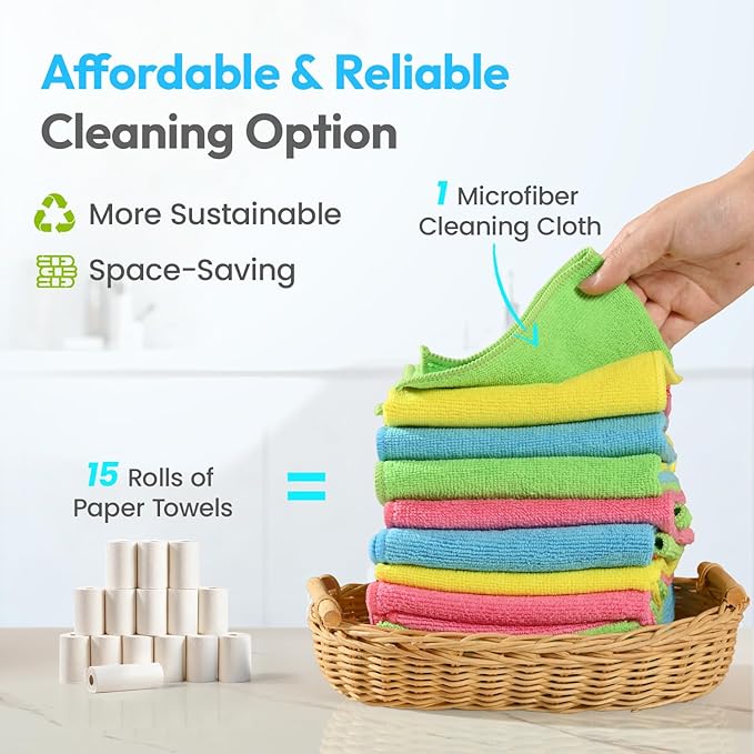 270GSM Microfiber Cleaning Cloth 12"X12" - 12 Pack 4 Color Assorted Lint Free Streak Free, Super Absorbent Reusable Multi Purpose Kitchen Towels for Cars