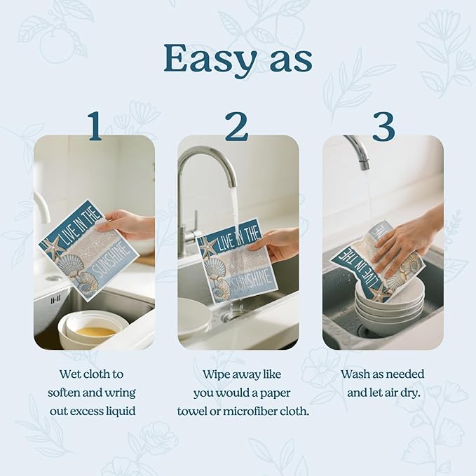Swedish Dishcloths for Kitchen, Summer Coastal Seashell Kitchen Dish Towels for Washing Dishes, 4 Pack Reusable Paper Towels Washable, Sponge Cloths for Home Cleaning Baking Cooking Decor