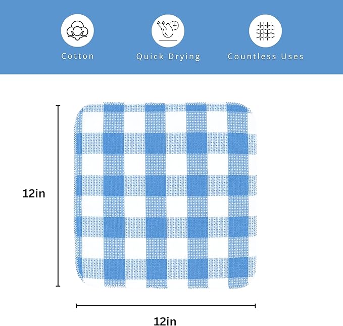 Waffle Weave Plaid Dish Cloths, 100% Cotton - 12 x 12 Inches, Ultra Soft Absorbent Quick Drying Dish Towels Buffalo Check Dish Rags for Kitchen, 8 Pack - Fall Thanksgiving - Light Blue & White