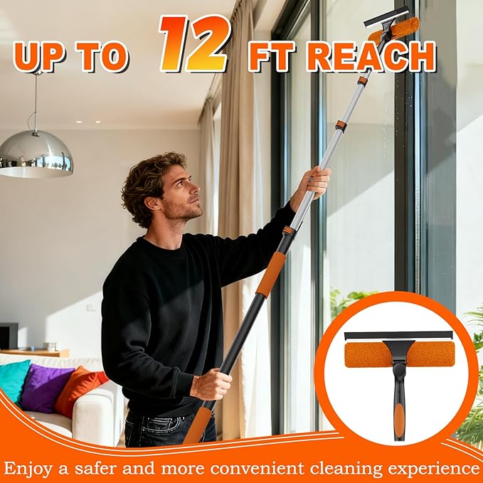 20FT Reach 2-in-1 Window Squeegee, Professional Window Washing Kit with 3-12FT Extension Pole for Home, Indoor Outdoor Squeegee with Rotatable Head for High Windows