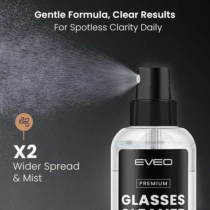 EVEO Glasses Cleaner Spray - Eyeglass Cleaner (No Streaks)| Eye Glass Cleaners Spray + Lens Cleaner Microfiber Cleaning Cloth, Glasses Cleaning Kit Eye - 2oz