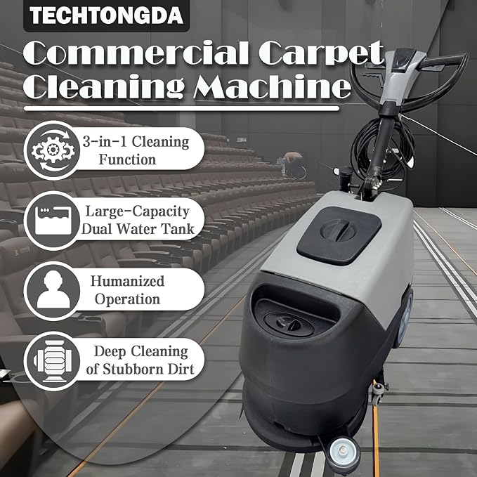 TECHTONGDA Commercial Auto Floor Scrubber Machine Walk Behind Floor Cleaning & Drying Machine with 17" Brush & 13.2 Gallons of Dual Tanks for Brushing, Polishing, Drying in Mall, Hotel, Airport 110V