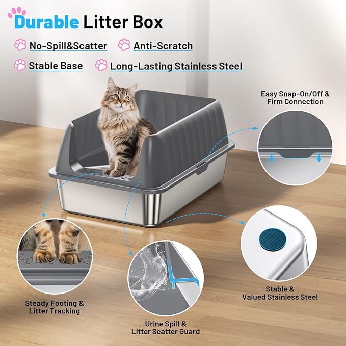 Stainless Steel Litter Box,Enclosed Cat Litter Box with High Sided Lid,Low Front Entry for Kittens,Small,Medium&Senior Cats,Leak-Resistant&Spill-Reducing,Easy to Clean,Scoop Included