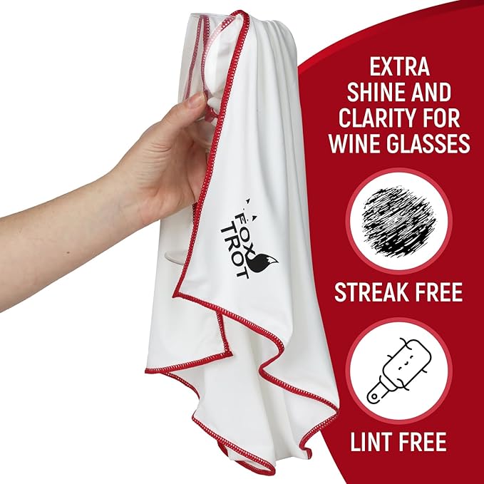 Fox Trot Large Microfiber Polishing Cloths (2 Pack White | Gray) | Streak Free, Lint Free Shine and Clarity for Wine Glasses, Stemware and More