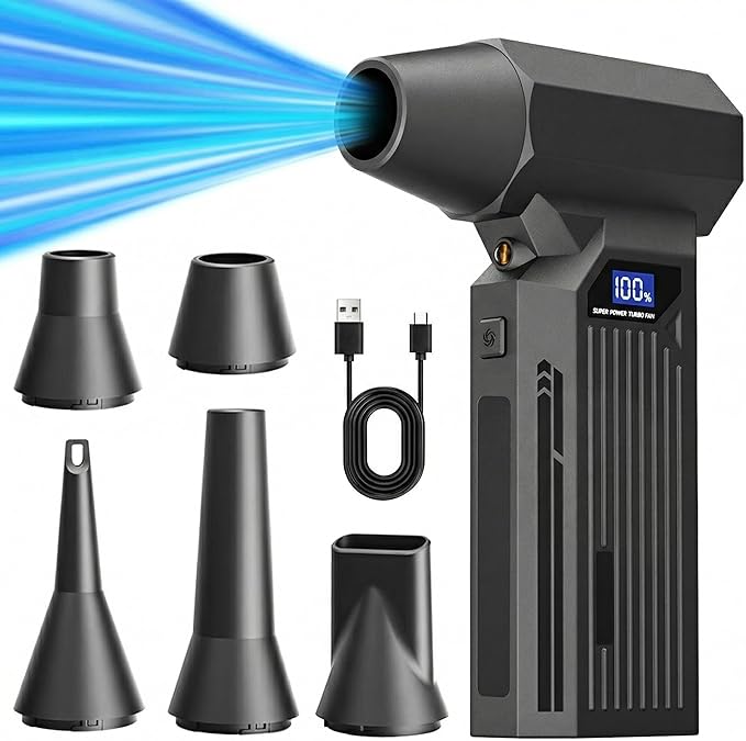 Compressed Air Duster, 110000RPM Electric Jet Blower, 4-Gear Adjustable with LED Display & Light, Cordless Reusable Air Duster for Computer, Keyboard, Car Detailing & Outdoor