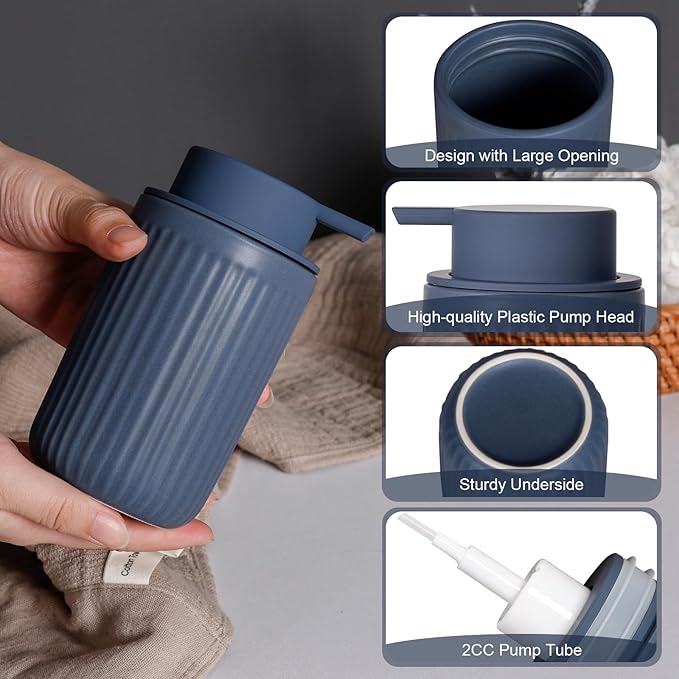 INGOFIN Ceramic Foaming Soap Dispenser - 12oz Foam Hand Soap Dispenser Bathroom, Modern Refillable Dish Dispenser with Pump for Kitchen, Matte Blue