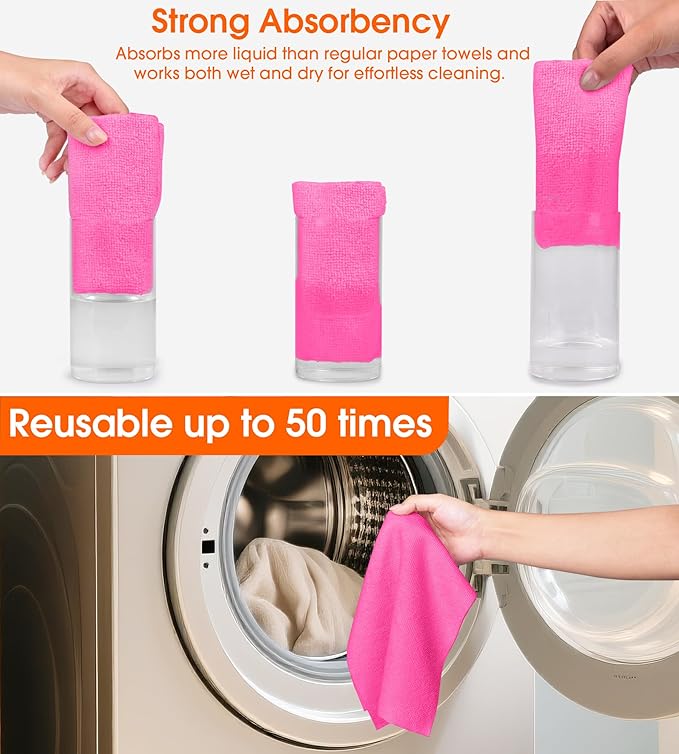Microfiber Cleaning Cloth Roll - 100 Pack Tear Away Microfiber Paper Towels, Reusable, Washable, Scratch-Free, Kitchen Towels for Car, Home, Kitchen, Glass, Dishes (Hot Pink)