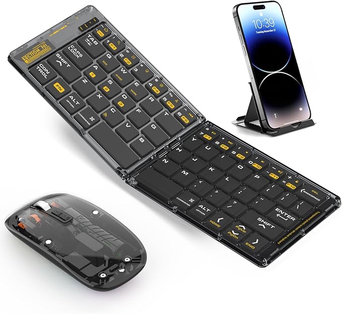 Foldable & Folding Wireless Keyboard Set Combo for iPad, Transparent Bluetooth Typepad & Mouse, Compatible with iOS, Windows, Android, Smartphones, Laptops, etc.