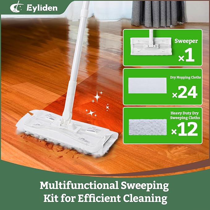 Eyliden Dust Mop, Sweeping & Mopping Kit with 58" Extended Long Handle, 36 Disposable Dry Cloths, Multi Surface Sweeper Mops for Hardwood, Tile, and Vinyl Floor Cleaning, Iron Handle, White