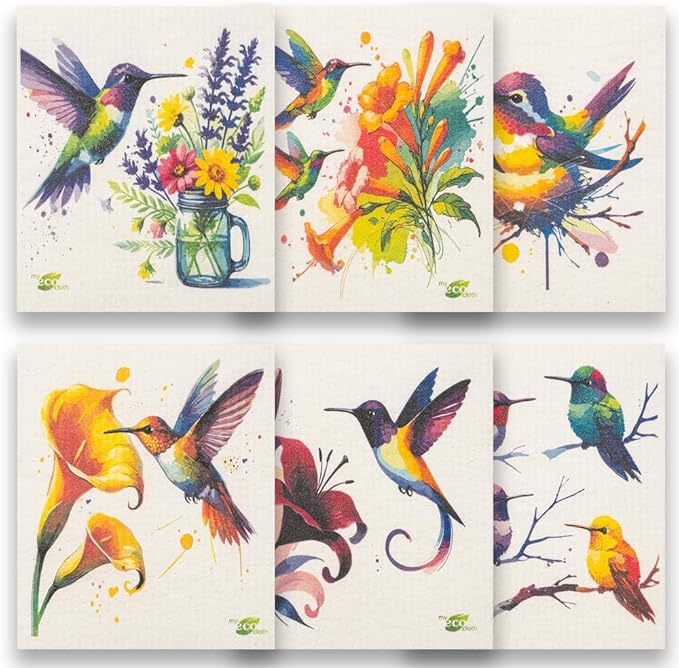 SWEDEdishcloths - Cellulose Sponge Dish Towels - Mixed Set of 6 (One of Each Design) Humingbirds Swedish Dish Cloths