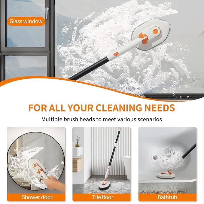 Bathroom Scrub Brush with Long Handle, 3-in-1 Tub and Tile Cleaner with 5 Replaceable Heads for Shower, Floor & Wall Cleaning