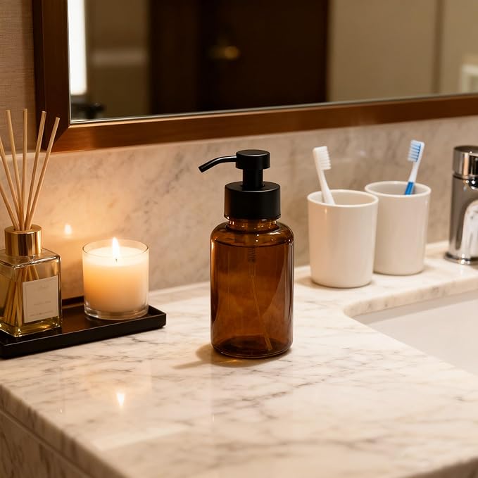 15 oz Amber Glass Foam soap Dispenser with Black Rust-Proof Foam Pump, refillable Thick Glass Foam soap Dispenser for Kitchen and Bathroom (2, 15 oz)