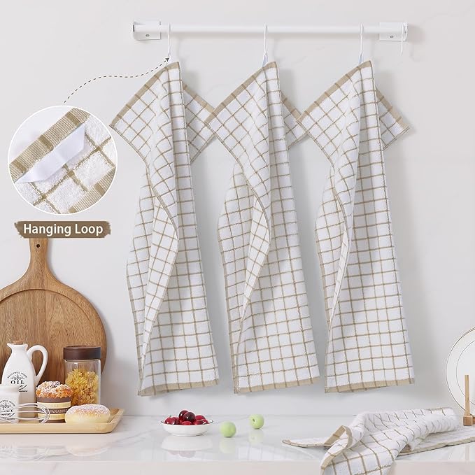 Homaxy Premium Kitchen Towels(16”x 28”, 8 Pack), Large Ring Spun Cotton Dish Towels, Super Absorbent Soft Terry Kitchen Hand Towels, Check Design Tea Towel Set with Hanging Loop, Tan