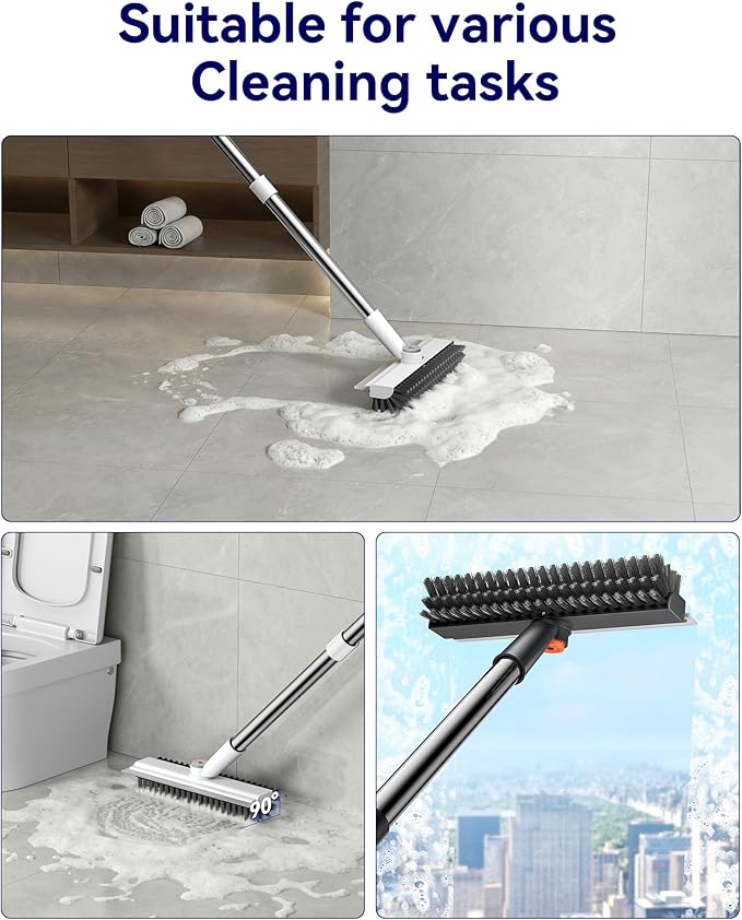 Small Floor Scrub Brush with Length Adjustable Long Handle, 3 in 1 Heavy-Duty Stiff Bristle Scrubber Brush with Squeegee and Tweezer for Cleaning Bathroom, Tile, Deck, Patio, Garage and Kitchen