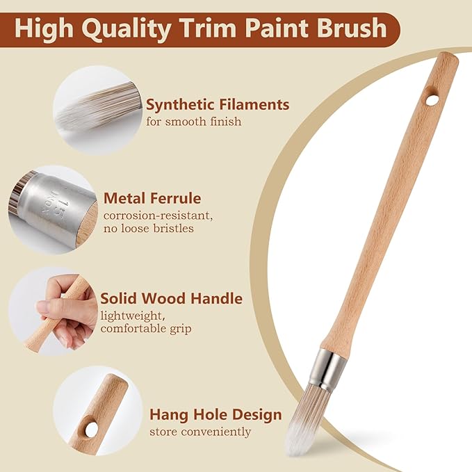 Trim Paint Brush, 0.6 Inch, 3 Pack, Small Paint Brushes for Walls, Touch Up, Trim Painting Tool for Detail Areas and Corners, Round Paint Brushes, Trim Brushes for Painting House Wall Edges