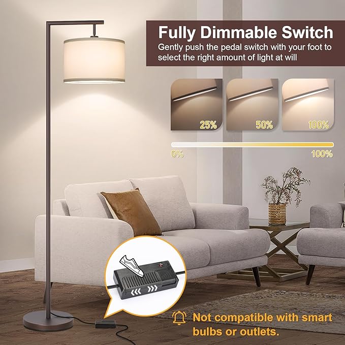 Fully Dimmable Floor Lamp Brown, Arc Floor Lamp for Bedroom with Adjustable Hanging Shade & Foot Switch, Modern Standing Lamp Corner Light Reading Lamp for Living Room, Office, LED Bulb Included