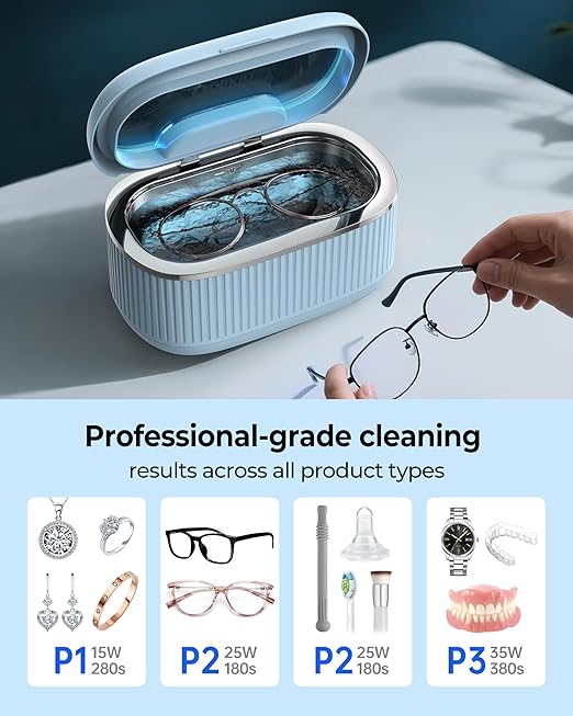 45KHz Ultrasonic Jewelry Cleaner, 5 Timer & 3 Power Modes, 35W Retainer Cleaner for Jewelry, Eyeglasses, Rings, Watch Strap, Dentures - Quiet <38dB, 20oz, 304 Stainless Steel Tank(Blue)