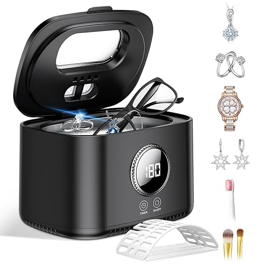 Ultrasonic Jewelry Cleaner, 47kHz Ultrasonic Retainer Cleaner Machine, 600ml Dental Cleaning Pod with 5 Modes, Dual Brush Ports and U-V Lights, Digital Timer for Eyeglasses, Rings, Watch Strap