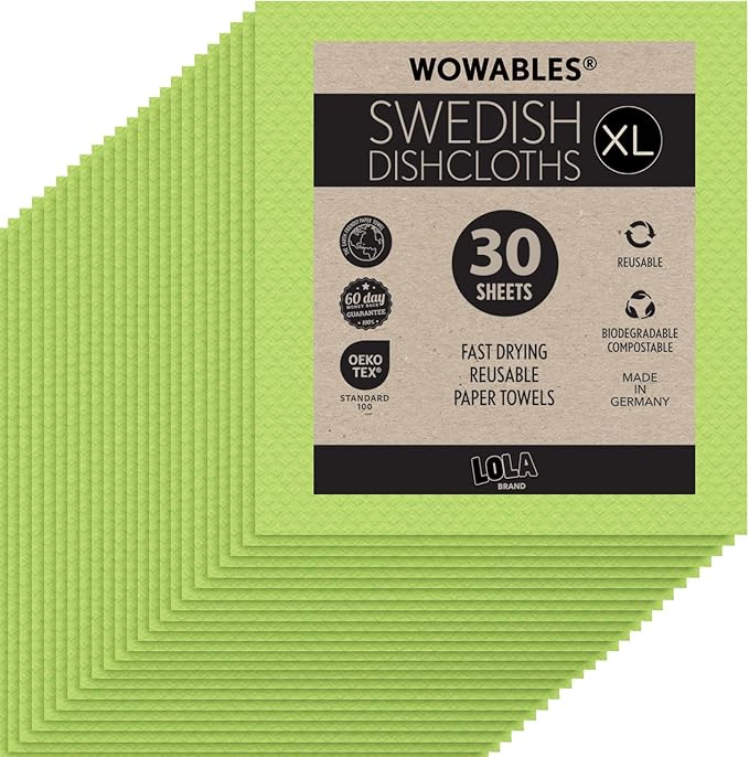 LOLA Swedish Dishcloths for Kitchen XL, 30 Sheet Roll, Biodegradable & Compostable, Reusable Paper Towel Cleaning Cloths, 11" x 10", No Odor, Washing Dishes, Ultra Absorbent Cellulose Sponge Towel