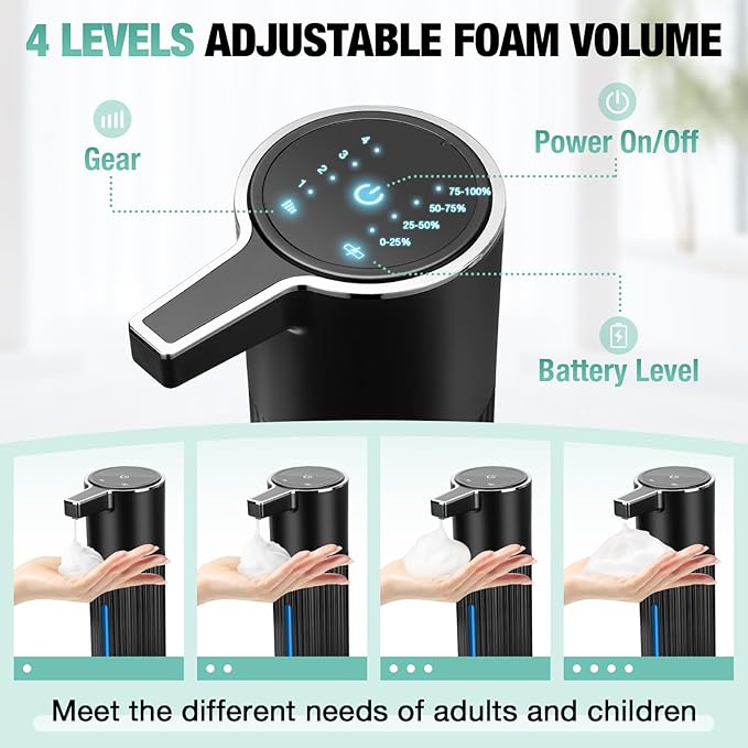 Automatic Soap Dispenser Foaming Touchless: 14oz Plastic - 4 Level Adjustable Wall Mount Foam Rechargeable Electric Auto Smart Black Soap Dispenser - Bathroom Kitchen Hand Dish Lotion