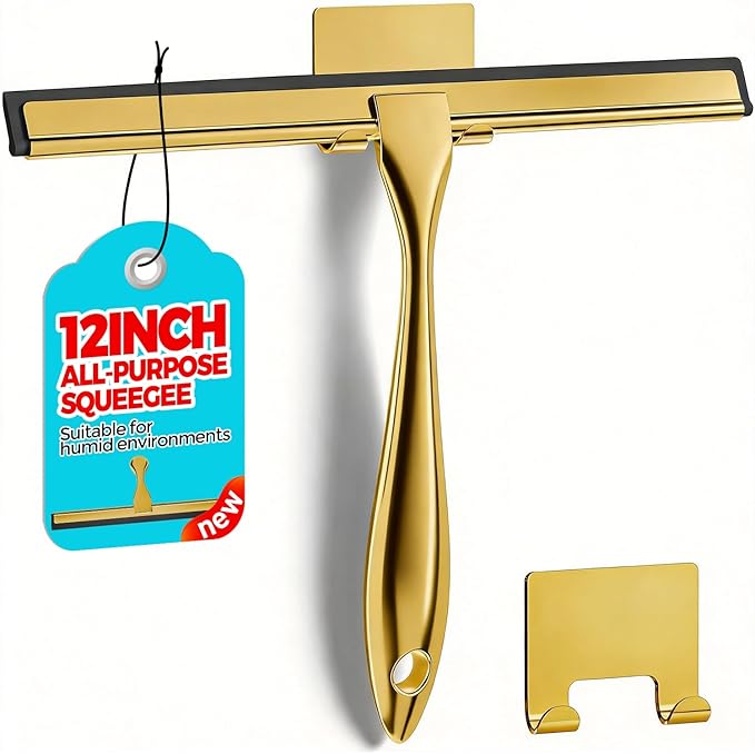 11.5-Inch Golden All-Purpose Shower Squeegee for Shower Doors, Tile Shower Walls, Bathroom, Window, Glass and Car Windshield, Mirrors and Kitchen-Stainless Steel