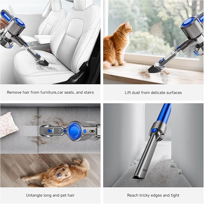 Cordless Vacuum Cleaner for Home, Powerful Stick Vacuum with Rechargeable Battery, Green Light Anti-Tangle Brush, 6-in-1 Lightweight Handheld Vacuum for Pet Hair, Hard Floor, Carpet