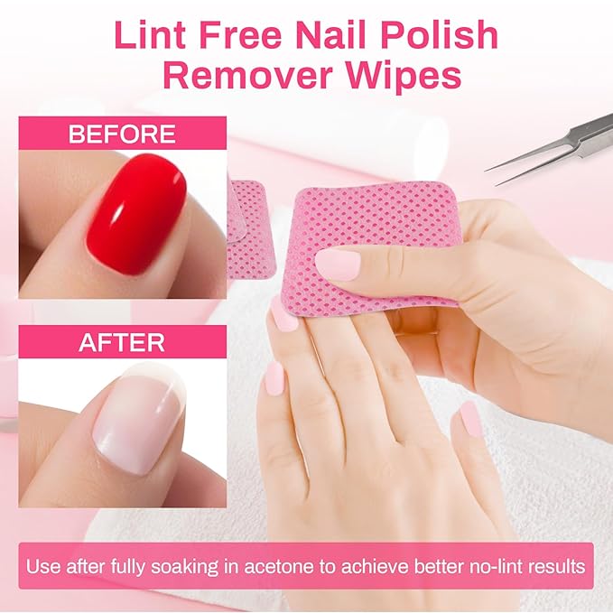 600 Lint Free Nail Wipes - Nail Polish Remover Pads, Glue or Gel Remove, Use with Acetone or Alcohol, Eyelash Brush & Nail Art Brushes Cleaning, Nail Art Supplies, Nail Stuff for Techs, Pink