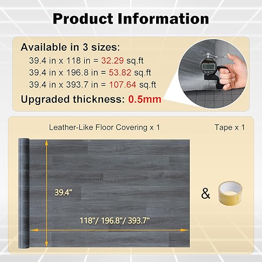 Freshtour Vinyl Flooring Roll, Versatile Removable PET Leather-Like Floor Covering, Waterproof & Durable, Easy Tape Installation, Cost-Effective for Any Room, Dark Grey Oak/ 53.82 Sq.ft (39.3" x 197")