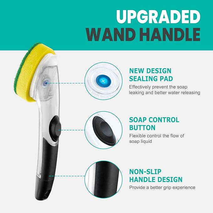 HELIME Dishwand Refills, Non-Scratch Replacement Sponge Heads for Dish Wand, Leak-Proof Handle with Heavy-Duty Scrubbers, Universal Compatible Soap Dispensing Brush for Kitchen, Bathroom Cleaning