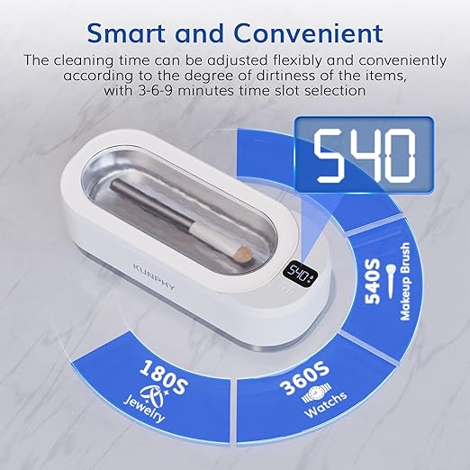 Upgraded KUNPHY Ultrasonic Jewelry Cleaner with 50ml Solution, 48KHZ, 12OZ Capacity, Ultrasonic Cleaner with 3 Digital Timer, Touch Control, Idea for Jewelry, Eyeglass, Rings, Diamond