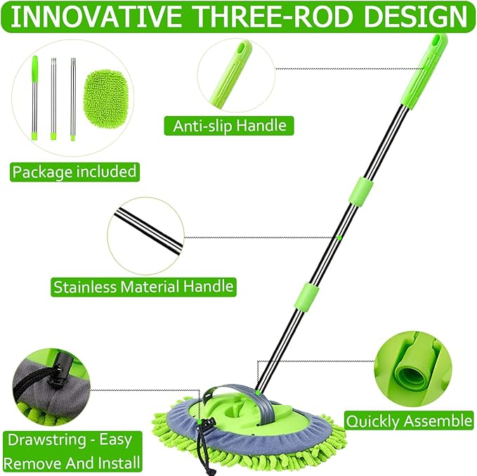 47.5" Car Wash Brush Mop Cleaning Tool with Long Handle Kit for Washing Detailing Cars Truck, SUV, RV, Trailer, Boat 2 in 1 Chenille Microfiber Sponge Duster Not Hurt Paint Scratch Free